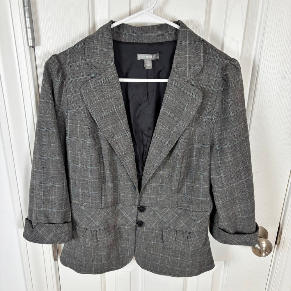 Apt 9 Womens Gray Plaid 3/4 Sleeve Tailored Blazer Jacket Size S RN73277